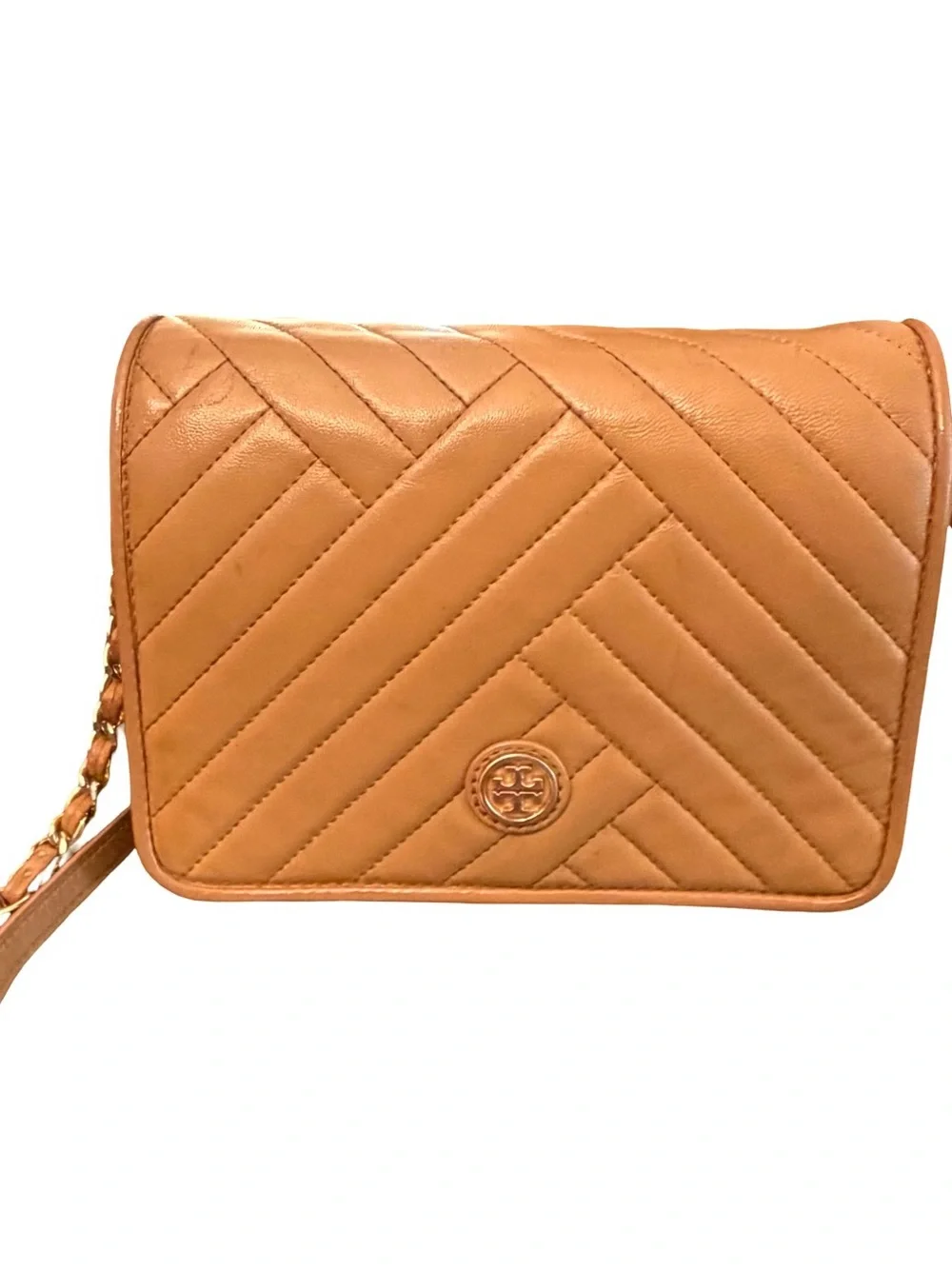 Tory Burch Alexa Crossbody Bag Quilted Chevron Tan Leather $428 Retail Gold Logo